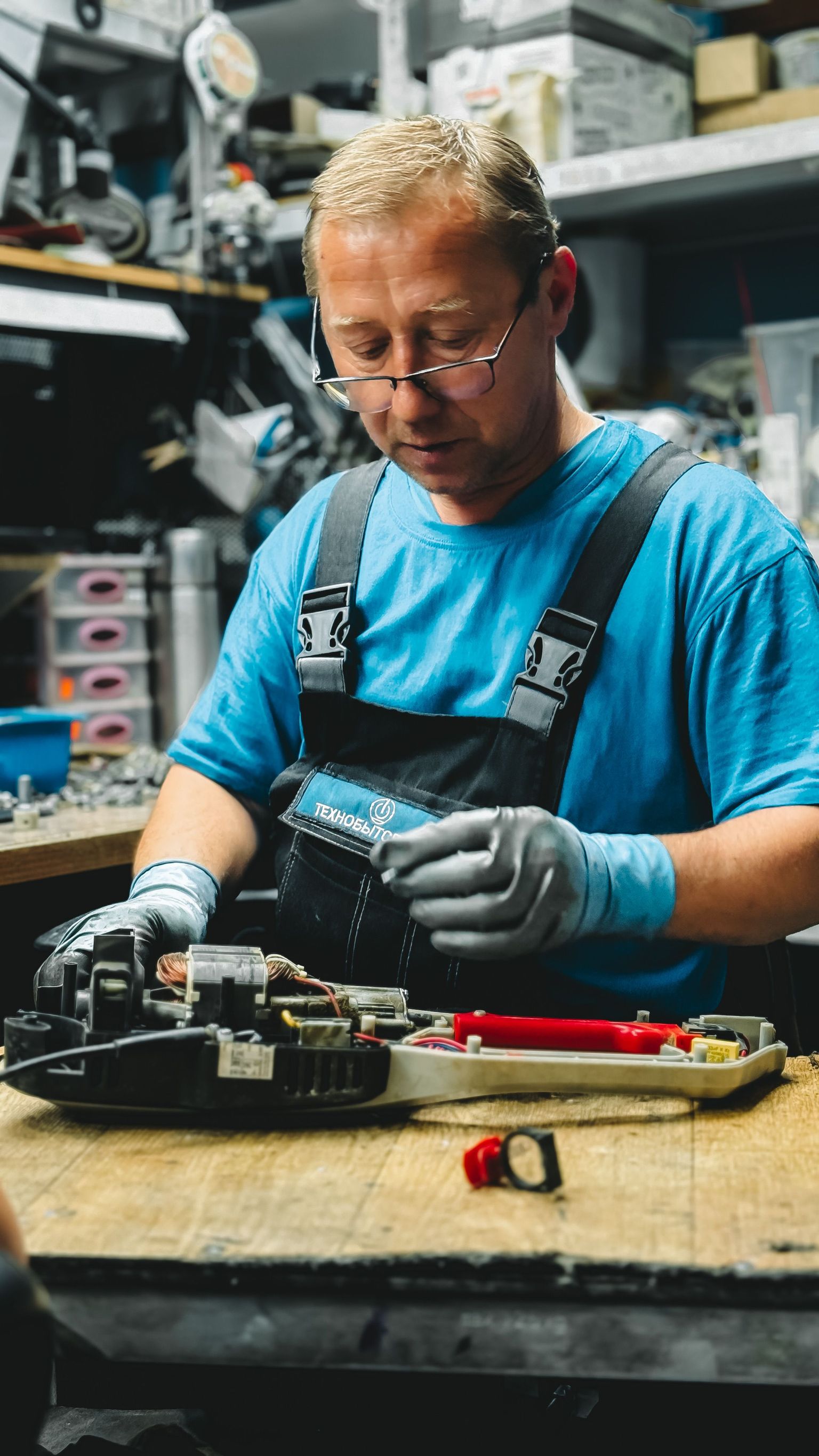 Mechanik pracujący w rękawicach roboczych
