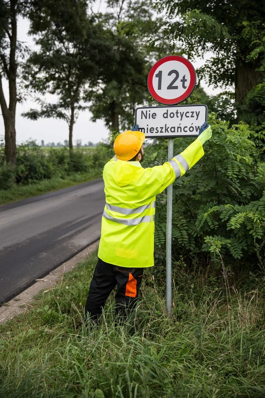 Pracownik w kurtce ostrzegawczej i kasku ustawia znak drogowy przy drodze