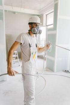 A construction worker wearing a gas mask and holding a hose in a renovation site.