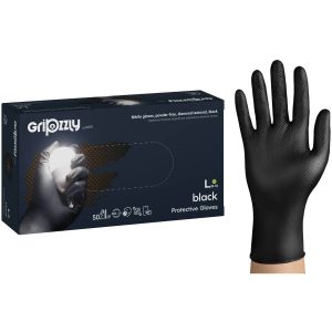 RĘKAWICE NITRYLOWE BEZPUDROWE CZARNE ZE STRUKTURĄ 50 SZT. - GRIPZZLY M-XXL